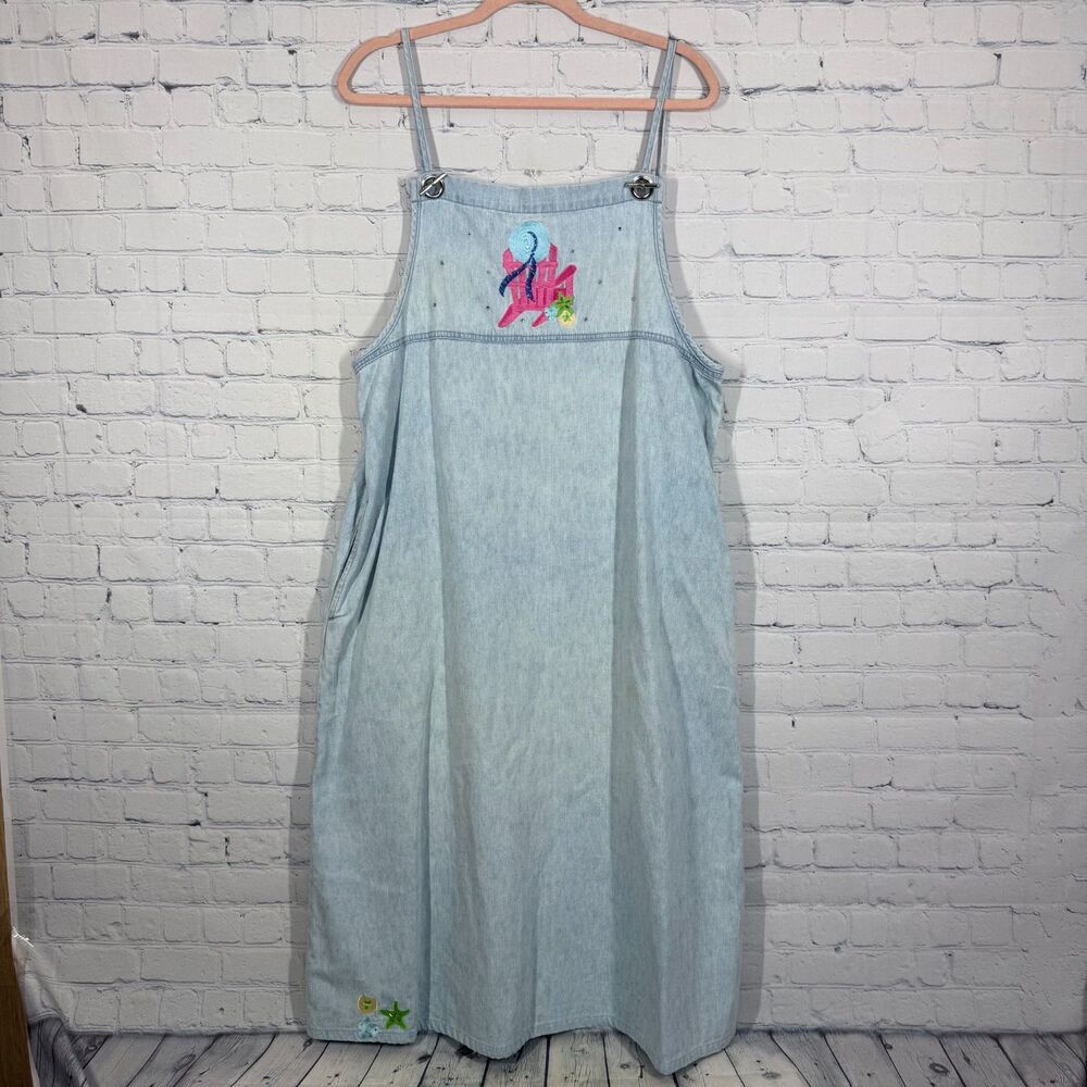 VTG Y2K The Quacker Factory Overall Dress Denim Women Large Light Washed Beach
